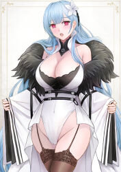 Rule 34 | 1girl, azur lane, bare shoulders, black garter straps, blue hair, breasts, brown thighhighs, cameltoe, cleavage, coat, detached collar, earrings, flower, fur-trimmed coat, fur trim, garter straps, hair flower, hair ornament, highres, huge breasts, jewelry, lace, lace-trimmed legwear, lace trim, leotard, long hair, long sleeves, looking at viewer, open mouth, purple eyes, sai-go, simple background, solo, standing, thighhighs, very long hair, voroshilov (azur lane), white background, white leotard, wide sleeves