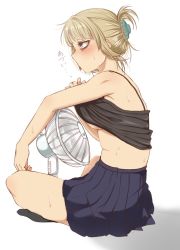 Rule 34 | 1girl, arm rest, bags under eyes, black footwear, black tank top, blonde hair, blue skirt, blunt bangs, blush, boku no hero academia, breasts, clothes lift, electric fan, female focus, hair ornament, hair up, hairclip, highres, indian style, medium breasts, no bra, plaid, plaid skirt, profile, shadow, shirt lift, sideboob, sidelocks, simple background, sitting, skirt, solo, sweat, tank top, toga himiko, tongue, tongue out, underboob, user pfu3392, white background, yellow eyes