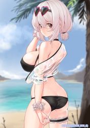Rule 34 | 1girl, absurdres, ass, azur lane, back, beach, bikini, black bikini, blue sky, breasts, butt crack, choker, day, eyewear on head, heart, heart-shaped eyewear, highres, large breasts, looking at viewer, looking back, low twintails, ninnin (shishitou), outdoors, palm tree, parted lips, red eyes, shore, short hair, short twintails, sirius (azur lane), sirius (scorching-hot seirios) (azur lane), sky, sunglasses, swimsuit, thigh strap, thighs, tree, twintails, white hair