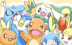 Rule 34 | bad id, bad pixiv id, blue eyes, blush, brown eyes, charmander, closed eyes, commentary request, creatures (company), fang, fangs, fennekin, flying sweatdrops, game freak, gen 1 pokemon, gen 2 pokemon, gen 3 pokemon, gen 4 pokemon, gen 5 pokemon, gen 6 pokemon, gen 7 pokemon, gen 8 pokemon, highres, kurou (nndh7223), looking at viewer, looking away, musical note, nintendo, no humans, open mouth, piplup, pokemon, pokemon (creature), rowlet, sideways glance, smile, snivy, sobble, tongue, torchic, totodile