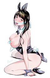 Rule 34 | 1girl, animal ears, banned artist, bare legs, bare shoulders, black bow, black bowtie, black footwear, black hair, black leotard, blindfold pull, bow, bowtie, breasts, breasts out, brown eyes, detached collar, fake animal ears, from side, full body, high heels, highres, kamiyama aya, large breasts, leotard, long hair, looking at viewer, looking to the side, nipples, no bra, original, playboy bunny, rabbit ears, rabbit tail, restrained, side ponytail, simple background, sitting, solo, strapless, strapless leotard, sweat, tail, wariza, white background