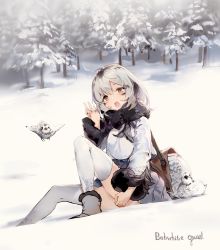 Rule 34 | 1girl, anmi, bird, highres, looking at viewer, sitting, snow, solo, thighhighs, white thighhighs