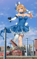 Rule 34 | 1girl, absurdres, asymmetrical gloves, blonde hair, blue dress, blue eyes, blue sky, breasts, cloud, day, dress, elbow gloves, giant, giantess, girls&#039; frontline, gloves, gun, handgun, highres, holding, holding gun, holding weapon, jewelry, m1911, m1911 (breaker of the sky) (girls&#039; frontline), m1911 (girls&#039; frontline), necklace, official alternate costume, open mouth, short hair, signature, single elbow glove, single thighhigh, sky, small breasts, solo, strapless, strapless dress, thighhighs, weapon, welt (kinsei koutenkyoku), white gloves, white thighhighs