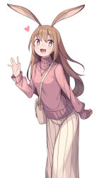 Rule 34 | 1girl, :d, animal ears, bag, blush, breasts, brown hair, casual, handbag, jewelry, leaning forward, long hair, long skirt, long sleeves, looking at viewer, necklace, open mouth, original, pink sweater, pleated skirt, purple eyes, rabbit ears, rabbit girl, ribbed sweater, saiste, shoulder bag, skirt, sleeves past wrists, small breasts, smile, solo, sweater, turtleneck, turtleneck sweater, waving, white background, white skirt