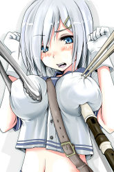 Rule 34 | 10s, 1girl, arms up, blue eyes, blush, breasts, chopsticks, flute, gloves, hair ornament, hair over one eye, hairclip, hamakaze (kancolle), highres, instrument, kantai collection, large breasts, recorder, school uniform, serafuku, short hair, silver hair, solo, tongs, wakie, white gloves