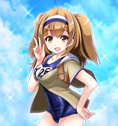 Rule 34 | 10s, 1girl, blue sky, breasts, cloud, day, diffraction spikes, hairband, i-26 (kancolle), kantai collection, large breasts, light brown hair, long hair, name tag, old school swimsuit, one-piece swimsuit, open clothes, open mouth, sailor collar, school swimsuit, short sleeves, sky, smile, solo, swimsuit, swimsuit under clothes, tk8d32, two-tone hairband, two side up, v