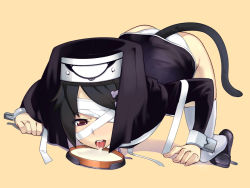 Rule 34 | 1girl, akinaie, ar tonelico, ar tonelico iii, ass, bad id, bad pixiv id, bandage over one eye, bandages, black hair, bowl, brown eyes, filament (ar tonelico), gust, habit, hair ornament, hairclip, milk, no pants, nun, panties, pet bowl, red eyes, short hair, solo, tail, thighhighs, tongue, top-down bottom-up, underwear, veil, white panties, white thighhighs