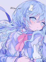 Rule 34 | 1girl, absurdres, blue eyes, blue hair, blue theme, blush, bow, commentary request, crying, crying with eyes open, hair between eyes, hair ornament, highres, long hair, long sleeves, looking to the side, omi (0mi wof), original, parted lips, rabbit hair ornament, red bow, shirt, simple background, solo, tears, twitter username, upper body