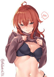 Rule 34 | 1girl, ahoge, alternate costume, arashi (kancolle), black bra, blush, bra, breasts, clothes lift, ebifurya, grey eyes, hair between eyes, highres, kantai collection, lifting own clothes, long hair, long sleeves, navel, one-hour drawing challenge, purple shirt, red hair, shirt, shirt lift, simple background, small breasts, solo, spoken blush, twitter username, underwear, upper body, white background
