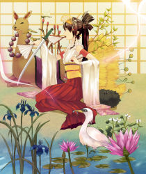 Rule 34 | 1girl, bad id, bad pixiv id, bird, bird on hand, brown hair, bug, crane (animal), dragonfly, fish, flower, from side, hair ornament, hair rings, hand fan, insect, iris (flower), japanese clothes, katana, lily pad, llama, long hair, lotus, mouth hold, nauribon, original, profile, seiza, sitting, solo, sparrow, sparrow (bird), surreal, sword, weapon