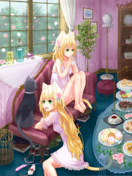 Rule 34 | 2girls, animal ears, barefoot, birdcage, blonde hair, cage, cake, cat, cat ears, cat tail, checkerboard cookie, cookie, cup, cupcake, flower, food, green eyes, indoors, lamp, lingerie, macaron, mouse (animal), multiple girls, negligee, original, shiroori kanade, sitting, table, tail, tea, teacup, tiered tray, tree, underwear, window