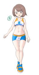 Rule 34 | 1girl, absurdres, bikini, blush, bob cut, breasts, brown eyes, brown hair, collarbone, commentary request, cosplay, creatures (company), female focus, full body, game freak, gloria (pokemon), gluteal fold, gym trainer (pokemon), gym trainer (pokemon) (cosplay), highres, knees, midriff, navel, nintendo, open mouth, pokemon, pokemon swsh, shoes, short hair, simple background, solo, swimsuit, tankini, tax2rin, thigh gap, white background