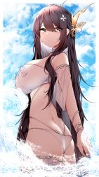 Rule 34 | 1girl, absurdres, arm behind back, ass, azur lane, back, bikini, black hair, blue sky, blush, breasts, butt crack, choker, cloud, cloudy sky, cowboy shot, flower, from side, grey eyes, hair between eyes, hair flower, hair ornament, highres, indomitable (azur lane), large breasts, long hair, looking at viewer, partially submerged, samip, see-through, see-through sleeves, sidelocks, sky, solo, swimsuit, thigh strap, thighs, very long hair, wading, water, white bikini, white choker