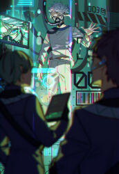 Rule 34 | 3boys, azul ashengrotto, barcode, blue eyes, earpiece, facing another, facing away, floating hair, green background, green hair, grey hair, grey pants, grey shirt, hand up, highres, holding, holding tablet pc, indoors, long sleeves, looking at viewer, male focus, midriff peek, multiple boys, pants, respirator, shirt, short hair, siiisuuu, standing, stasis tank, submerged, tablet pc, tube, twisted wonderland