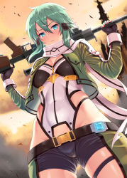 Rule 34 | 1girl, absurdres, anti-materiel rifle, aqua eyes, aqua hair, belt, black shorts, blush, bolt action, breasts, brown belt, cleavage, closed mouth, cloud, commentary request, covered navel, cowboy shot, cropped jacket, dusk, fingerless gloves, from below, gloves, gluteal fold, green jacket, green nails, groin, gun, hair between eyes, hair ornament, hairclip, hands up, highres, holding, holding gun, holding weapon, jacket, kawase seiki, leotard, leotard under clothes, long sleeves, looking at viewer, medium breasts, nail polish, open clothes, open jacket, outdoors, over shoulder, pgm hecate ii, revealing clothes, revision, rifle, scarf, short hair, short shorts, shorts, sidelocks, sinon, skindentation, sky, sniper rifle, solo, standing, sunset, sword art online, thigh strap, weapon, weapon over shoulder, white scarf