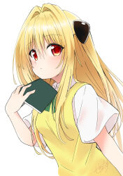 Rule 34 | 1girl, absurdres, blonde hair, blush, book, bright pupils, closed mouth, collared shirt, commentary, eyes visible through hair, hair intakes, highres, holding, holding book, konjiki no yami, long hair, looking at viewer, open book, red eyes, school uniform, sechin, shirt, short sleeves, sidelocks, signature, simple background, solo, straight hair, sweater vest, to love-ru, to love-ru darkness, two side up, upper body, very long hair, white background, white shirt, yellow sweater vest