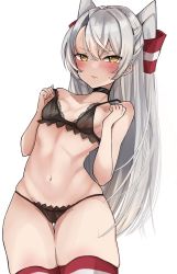 Rule 34 | 1girl, amatsukaze (kancolle), bra, breasts, brown bra, brown panties, chigasaki yukari, choker, cowboy shot, hair tubes, highres, kantai collection, long hair, looking at viewer, panties, red thighhighs, silver hair, simple background, small breasts, solo, squiggle, striped clothes, striped thighhighs, thighhighs, two side up, underwear, underwear only, white background, yellow eyes