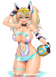 Rule 34 | 1girl, :d, absurdres, aqua eyes, arm strap, arm up, armpits, asamura hiori, ball, bare shoulders, bikini tan, black gloves, blonde hair, blush, breasts, cleavage, clothing cutout, collarbone, cowboy shot, elbow pads, eyewear on head, fingerless gloves, gene (pso2), gloves, green hair, groin, hair between eyes, headgear, highres, holding, holding ball, large breasts, long hair, looking at viewer, multicolored hair, navel, one-piece swimsuit, open mouth, phantasy star, phantasy star online 2, shiny skin, sidelocks, simple background, single elbow pad, skindentation, smile, solo, standing, stomach, stomach cutout, strapless, strapless one-piece swimsuit, streaked hair, sunglasses, swimsuit, tan, tanline, thigh strap, twintails, two-tone hair, volleyball, volleyball (object), wading, water, white background, white one-piece swimsuit