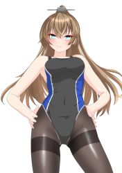 Rule 34 | 1girl, absurdres, black pantyhose, blue one-piece swimsuit, brown hair, commentary request, competition swimsuit, cowboy shot, green eyes, hair ornament, hands on own hips, highres, kantai collection, kumano (kancolle), long hair, looking at viewer, nitamako (sakamalh), one-piece swimsuit, pantyhose, pantyhose under swimsuit, ponytail, simple background, solo, swimsuit, thighband pantyhose, white background