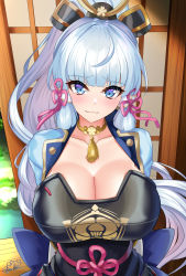 Rule 34 | 1girl, absurdres, armor, arms behind back, ayaka (genshin impact), blue eyes, blue hair, blush, breasts, cleavage, closed mouth, collarbone, genshin impact, hair ornament, highres, japanese clothes, large breasts, long hair, looking at viewer, nez-box, signature, smile, solo, upper body