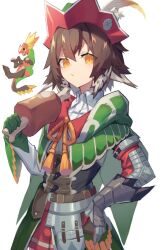 Rule 34 | 1girl, arknights, armor, bone, boned meat, brown bag, cape, collared shirt, feathered wings, food, gauntlets, great maccao, green cape, hat, hat feather, holding, holding food, looking at viewer, meat, monster hunter (series), multicolored hair, plume (arknights), sasa onigiri, shirt, short hair, simple background, solo, streaked hair, tassel, white background, white shirt, wings, yellow eyes
