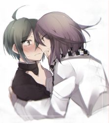 Rule 34 | 2boys, ahoge, black jacket, black scarf, blush, brown eyes, checkered clothes, checkered neckwear, checkered scarf, closed mouth, cropped torso, danganronpa (series), danganronpa v3: killing harmony, embarrassed, eye contact, flipped hair, green hair, grey background, grey jacket, hand on another&#039;s face, imminent kiss, jacket, long sleeves, looking at another, male focus, medium hair, multiple boys, oma kokichi, saihara shuichi, scarf, short hair, simple background, smile, sumika (rrz03), upper body, white background, white scarf, yaoi