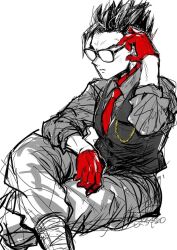Rule 34 | 1boy, anger vein, black hair, chain, formal, glasses, gloves, gold chain, necktie, red gloves, red necktie, serious, solo, son gohan, spiked hair, spot color, suit, super dragon ball heroes, tagme