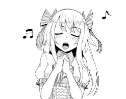 Rule 34 | 1girl, chaos marie (grimms notes), closed eyes, grimms notes, hair ribbon, highres, long hair, mimyung00, monochrome, music, open mouth, ribbon, singing, solo, upper body