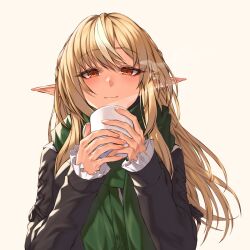 Rule 34 | 1girl, black jacket, blonde hair, ckhd, closed mouth, cup, dark-skinned female, dark skin, elf, frilled sleeves, frills, green scarf, highres, holding, holding cup, hololive, jacket, long hair, long sleeves, looking at viewer, multicolored hair, pointy ears, red eyes, scarf, shiranui flare, shiranui flare (street), simple background, smile, solo, streaked hair, virtual youtuber, white hair