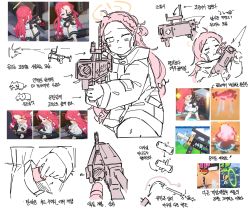 Rule 34 | 3girls, blue archive, bow, closed eyes, closed mouth, coat, firing, flukhan, game screenshot, gun, hair bow, hair ribbon, halo, highres, holding, holding gun, holding weapon, korean text, long hair, long sleeves, midori (blue archive), momoi (blue archive), multiple girls, multiple views, one eye closed, reference inset, ribbon, simple background, translation request, twitter username, weapon, white background, yuzu (blue archive)