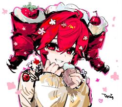 alternate_costume berry cupcake double-parted_bangs drill_hair food fruit grin hair_between_eyes hair_ornament holding holding_food kasane_teto looking_at_viewer portrait red_eyes red_hair simple_background smile strawberry sweat sweater tanglaoban1225 teeth twin_drills utau white_background yellow_sweater