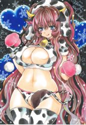 Rule 34 | 1girl, 2016, :q, absurdres, animal ears, animal print, bell, blue eyes, breasts, christmas, cow ears, cow girl, cow print, cow tail, cowbell, heart, highres, large breasts, long hair, marker (medium), merry christmas, navel, original, panties, red hair, snowflakes, snowman, solo, tail, thighhighs, tongue, tongue out, traditional media, twobee, underwear, very long hair