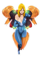 Rule 34 | 1girl, alternate hairstyle, armor, bare shoulders, blonde hair, blue eyes, bodysuit, breasts, cleavage, female focus, from above, full body, gloves, hair down, highres, john doe (jdart), large breasts, lips, long hair, looking to the side, metroid, nintendo, off shoulder, parted lips, power armor, samus aran, simple background, solo, swept bangs, thigh gap, undressing, unzipping, varia suit, white background, zero suit