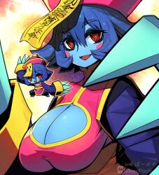Rule 34 | 1girl, blue hair, blue skin, breasts, chibi, chinese clothes, claw (weapon), cleavage, cleavage cutout, clothing cutout, colored skin, dark blue hair, hat, highres, huge breasts, jiangshi, kara age, lei lei, looking at viewer, open mouth, qingdai guanmao, red eyes, revealing clothes, sagging breasts, short hair, simple background, smile, undead, upper body, vampire (game), watermark, weapon