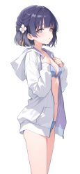 1girl bikini blue_panties borrowed_character flower from_side gakuen_idolmaster grey_eyes hair_flower hair_ornament hataya_misuzu highres hood hooded_jacket idolmaster jacket kitano_yukito looking_at_viewer panties purple_hair solo standing swimsuit underwear white_background