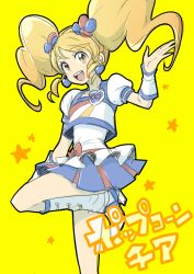 Rule 34 | 10s, 1girl, 24x24, alternate form, blonde hair, blue skirt, boots, brooch, cheerleader, cure honey, cure honey (popcorn cheer), earrings, happinesscharge precure!, heart, heart brooch, jewelry, long hair, magical girl, multicolored clothes, multicolored skirt, oomori yuuko, open mouth, precure, puffy sleeves, sketch, skirt, smile, solo, twintails, wrist cuffs, yellow background, yellow eyes