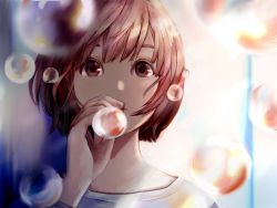 Rule 34 | 1girl, brown eyes, brown hair, bubble, close-up, hand to own mouth, highres, long sleeves, looking at viewer, sako (35s 00), shirt, short hair, solo, white shirt