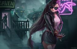 Rule 34 | aquarake, black skirt, breasts, earrings, final fantasy, final fantasy vii, fingerless gloves, gloves, highres, jacket, jewelry, leather, leather jacket, long hair, low-tied long hair, midriff, miniskirt, pencil skirt, skirt, sunglasses, suspender skirt, suspenders, tank top, taut clothes, tifa lockhart, unfinished