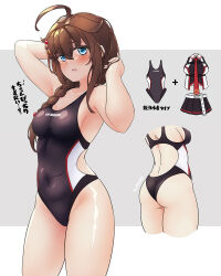 Rule 34 | 1girl, ahoge, arthur ko, ass, bare arms, bare legs, bare shoulders, black one-piece swimsuit, blue eyes, blush, braid, breasts, brown hair, competition swimsuit, hair between eyes, hair flaps, highres, kantai collection, long hair, medium breasts, multiple views, one-piece swimsuit, parted lips, shigure (kancolle), shigure kai san (kancolle), sideboob, single braid, swimsuit