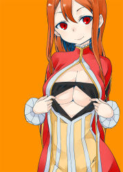 Rule 34 | 10s, 1girl, alternate costume, breasts, cleavage, clothing cutout, dress, highres, large breasts, long hair, maou (maoyuu), maoyuu maou yuusha, open clothes, red eyes, red hair, smile, solo, tsukasa takashi, underboob, underboob cutout