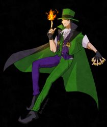 Rule 34 | 1boy, ace attorney, artist name, belt, between fingers, black background, black cape, black eyes, black footwear, black gloves, black hair, buttons, cape, coin, cropped jacket, fingerless gloves, fire, frilled shirt, frills, full body, gloves, green hat, green jacket, green pants, green vest, grin, half-closed eyes, hand up, happy, hat, holding, holding coin, index finger raised, jacket, leg up, looking at viewer, magician, male focus, manov mistree, mr. reus, multicolored clothes, multicolored hat, multicolored jacket, multicolored pants, multicolored vest, open clothes, open jacket, pants, phoenix wright: ace attorney - spirit of justice, pocket, pointy footwear, purple hat, purple jacket, purple pants, purple vest, pyrokinesis, rota (rottatatan), shirt, shoes, short hair, short sleeves, signature, simple background, smile, solo, split theme, spread fingers, standing, standing on one leg, teeth, top hat, twitter username, two-sided cape, two-sided fabric, vest, white shirt