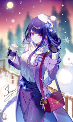 Rule 34 | 1girl, alternate costume, bag, black choker, black gloves, blurry, blurry background, choker, closed mouth, coat, cup, drinking straw, floating hair, genshin impact, gloves, hands up, highres, holding, holding cup, looking at viewer, mole, mole under eye, multicolored hair, open clothes, open coat, outdoors, purple coat, purple eyes, purple hair, raiden shogun, red bag, scarf, sheya, shoulder bag, signature, smile, solo, sparkle, sweater, two-tone hair, white headwear, white scarf, white sweater, winter clothes