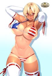 Rule 34 | 1girl, 23 (real xxiii), absurdres, american flag bikini, areola slip, arms behind head, bikini, blonde hair, blue background, breasts, cleavage, comitia, commentary request, covered erect nipples, elbow gloves, female focus, flag print, gakuen taisen valkyries, glasses, gloves, highres, huge breasts, large breasts, long hair, looking at viewer, micro bikini, navel, noel fortenmayer, red eyes, shadow, simple background, skindentation, smile, solo, swimsuit, tan, tanline, thighhighs, tongue, tongue out, underboob, white gloves, white thighhighs