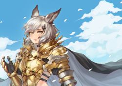 Rule 34 | 1girl, absurdres, animal ears, armor, breastplate, cape, cloud, day, gauntlets, golden knight (granblue fantasy), granblue fantasy, green hair, hair ornament, highres, hjz (artemi), huge filesize, leaf, looking at viewer, short hair, shoulder armor, solo, upper body, wind, yellow eyes