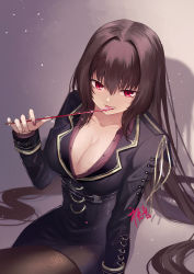 Rule 34 | 1girl, black dress, black pantyhose, breasts, cleavage, collarbone, crossed legs, dress, fate/grand order, fate (series), gogatsu fukuin, highres, large breasts, licking, long hair, long sleeves, looking at viewer, nail polish, open mouth, pantyhose, purple hair, red eyes, scathach (fate), scathach (true crimson spear trainer) (fate), sitting, smile, sparkle, tongue, tongue out