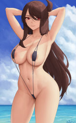 Rule 34 | 1girl, absurdres, areola slip, arm behind head, armpits, arms behind head, arms up, bare shoulders, beach, beidou (genshin impact), black one-piece swimsuit, blue sky, blush, breasts, brown hair, collarbone, covered erect nipples, genshin impact, hair over one eye, half updo, highres, large breasts, long hair, looking at viewer, navel, no eyepatch, ocean, one-piece swimsuit, red eyes, sky, slingshot swimsuit, smile, solo, swimsuit, thighs, zaphn
