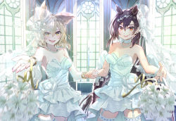 Rule 34 | 2girls, alternate costume, animal ears, bare arms, bare shoulders, blonde hair, blurry, blurry foreground, bracelet, bridal garter, brown hair, closed mouth, commentary request, dress, flower, hair between eyes, holding hands, horse ears, indoors, jewelry, jpeg artifacts, kurokoma saki, lips, long hair, looking at viewer, low wings, medium hair, multiple girls, necklace, pearl necklace, pointy hair, reaching, reaching towards viewer, red eyes, ring, short dress, smile, standing, syuri22, thighhighs, touhou, toyosatomimi no miko, wedding band, wedding dress, white dress, white flower, window, wings, yellow eyes