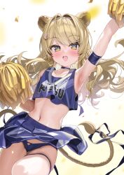 Rule 34 | 1girl, absurdres, animal ears, arm up, armband, armpits, bare shoulders, blonde hair, blue choker, blue panties, blue shirt, blue skirt, cheerleader, choker, crop top, crop top overhang, fang, highres, holding, holding pom poms, kanzarin, leg up, lion ears, lion tail, long hair, looking at viewer, midriff, miniskirt, navel, noripro, open mouth, panties, pantyshot, pleated skirt, pom pom (cheerleading), pom poms, regrush lionheart, shirt, skindentation, skirt, sleeveless, sleeveless shirt, smile, solo, sparkling eyes, stomach, sweat, symbol-shaped pupils, tail, thighhighs, thighs, underwear, virtual youtuber, white thighhighs, yellow eyes