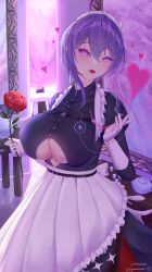 Rule 34 | 1girl, absurdres, apron, azur lane, bellona (armed to clean) (azur lane), bellona (azur lane), breasts, chest belt, clothing cutout, commission, eeyoosekedooaat, flower, gloves, hair between eyes, heart, heart-shaped pupils, highres, holding, holding flower, indoors, juliet sleeves, large breasts, long sleeves, looking at viewer, maid apron, maid headdress, official alternate costume, pixiv commission, puffy sleeves, purple eyes, purple hair, red flower, red lips, red rose, rose, short hair, solo, symbol-shaped pupils, underboob, underboob cutout, white apron, white gloves
