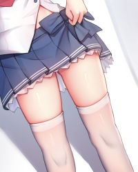 Rule 34 | 1girl, absurdres, blue bow, blue skirt, bow, close-up, clothes lift, facing viewer, highres, jean.organ, knees, lifted by self, lower body, miniskirt, petticoat, pleated skirt, shirayuki (warship girls r), shirt, skindentation, skirt, skirt lift, solo, standing, thighhighs, thighs, warship girls r, white shirt, white thighhighs, zettai ryouiki